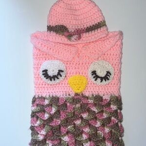 🛍 PRETTY Little GIRLS HOMEMADE OWL SLEEP SACK WITH HAT 0-3 MONTHS 🛍